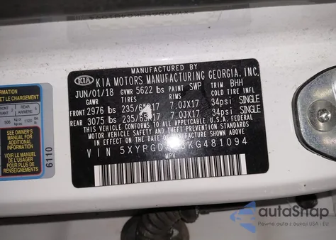 2019 Kia Sorento 3.3L Lx z USA, uszkodzony, nr VIN 5XYPGDA53KG481094